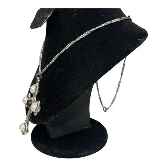 Vintage Sarah Coventry Cross Necklace Faux Pearl Purple Cabochon Silver Tone - Picture 5 of 8